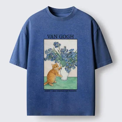Tokyo-Tiger Orange Cat Touches Van Gogh Irises Washed T-Shirt
