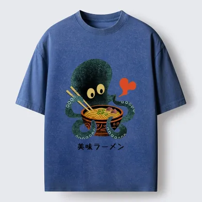 Tokyo-Tiger Octopus Uses Chopsticks For Ramen Washed T-Shirt 
