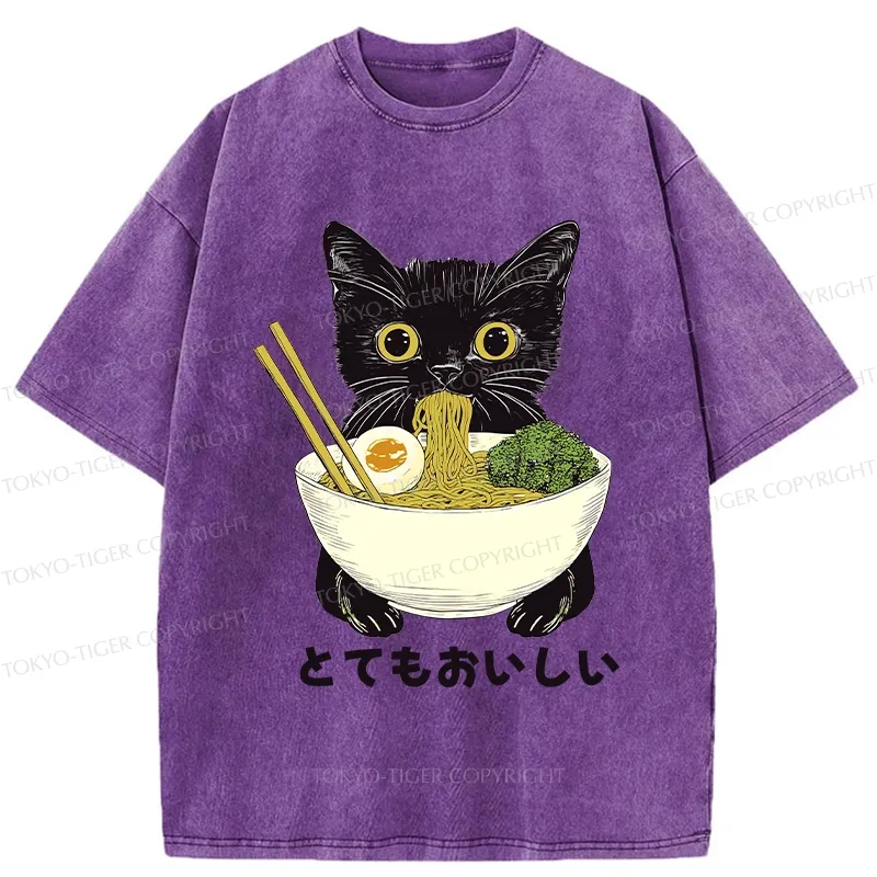 Tokyo-Tiger Ramen Lover Cute Cat Washed T-Shirt