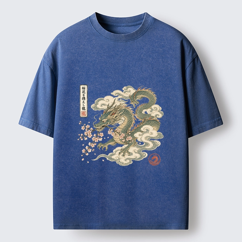 Tokyo-Tiger Ancient Dragon Holds Pink Sakura Blooms Washed T-Shirt 