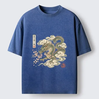 Tokyo-Tiger Ancient Dragon Holds Pink Sakura Blooms Washed T-Shirt 