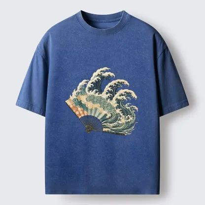 Tokyo-Tiger Wave Fan Classic Japanese Ukiyo E Art Washed T-Shirt