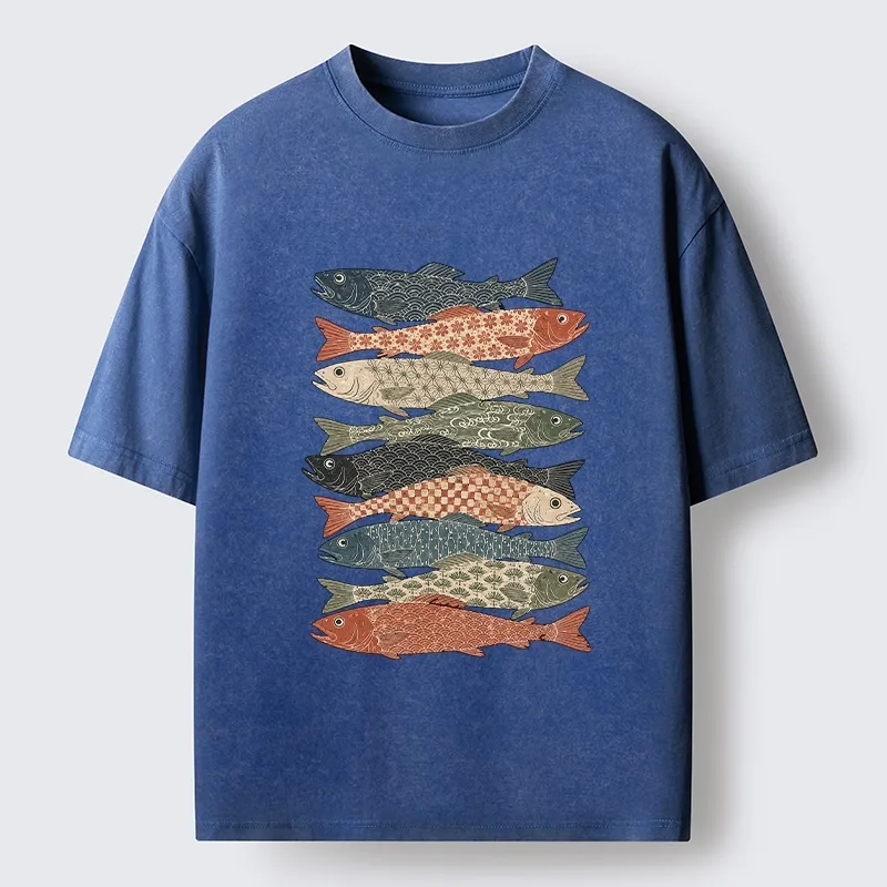 Tokyo-Tiger Patterned Stack Fish Japanese Block Print Washed T-Shirt
