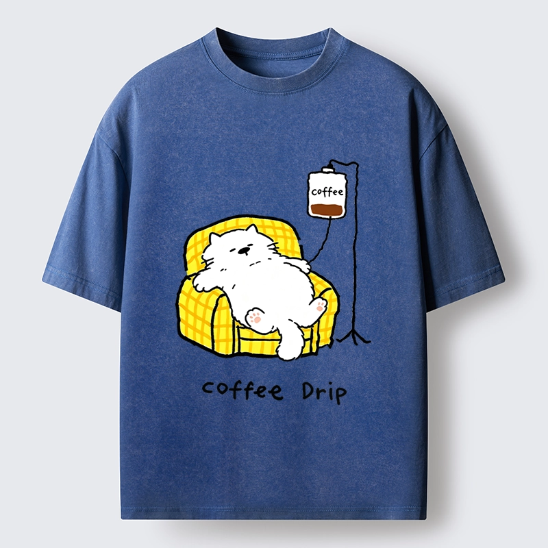 Tokyo-Tiger Fluffy Cat Needs Coffee Drip Art Washed T-Shirt