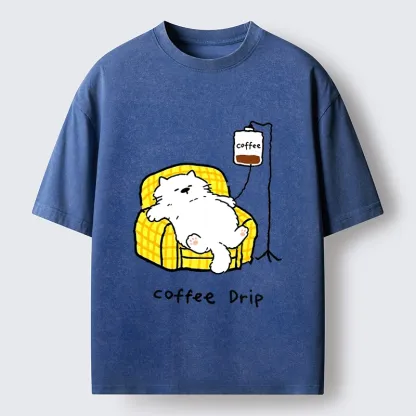 Tokyo-Tiger Fluffy Cat Needs Coffee Drip Art Washed T-Shirt