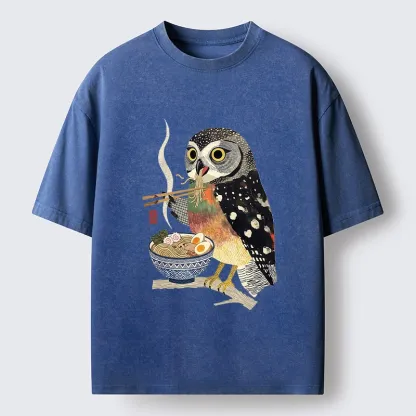 Tokyo-Tiger Owl Slurps Hot Ramen Japan Art Washed T-Shirt
