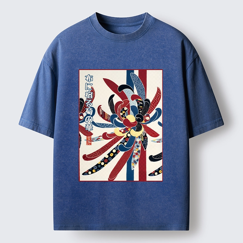 Tokyo-Tiger Traditional Oriental Big Flower Ukiyo Print Washed T-Shirt