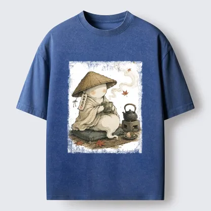 Tokyo-Tiger Cute Ghost Peaceful Tea Time Art Washed T-Shirt