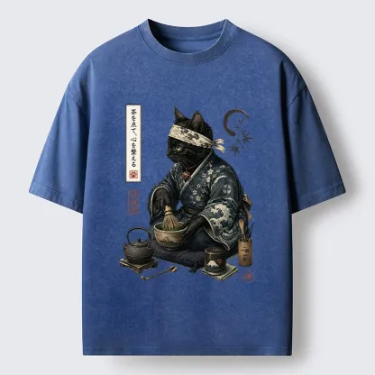 Tokyo-Tiger Samurai Cat Makes Matcha Tea Art Washed T-Shirt