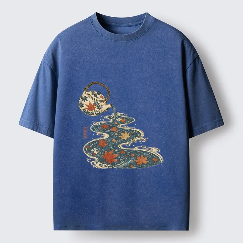 Tokyo-Tiger Maple Tea Pot Flowing River Ukiyo Art Washed T-Shirt
