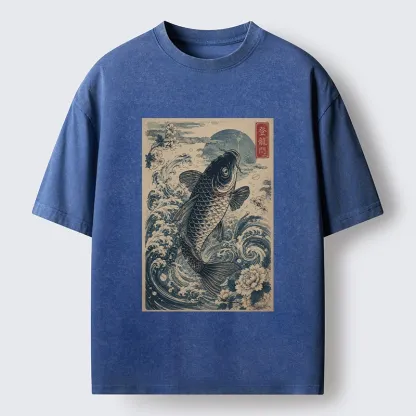 Tokyo-Tiger Vintage Ukiyo Koi Wave Flower Graphic Washed T-Shirt