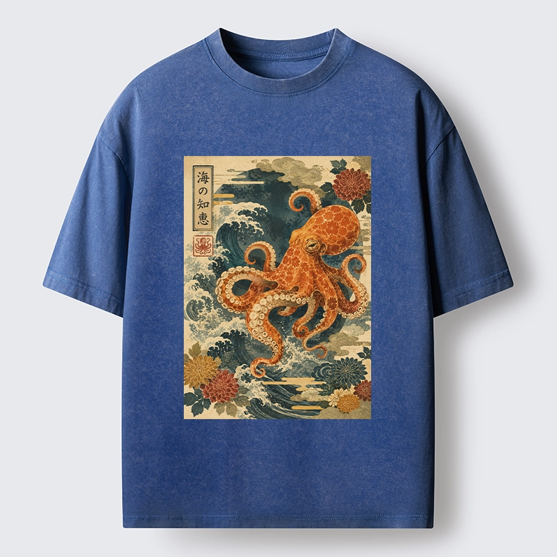Tokyo-Tiger Wise Octopus Sea Wave Ukiyo E Art Washed T-Shirt