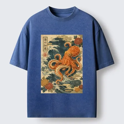 Tokyo-Tiger Wise Octopus Sea Wave Ukiyo E Art Washed T-Shirt