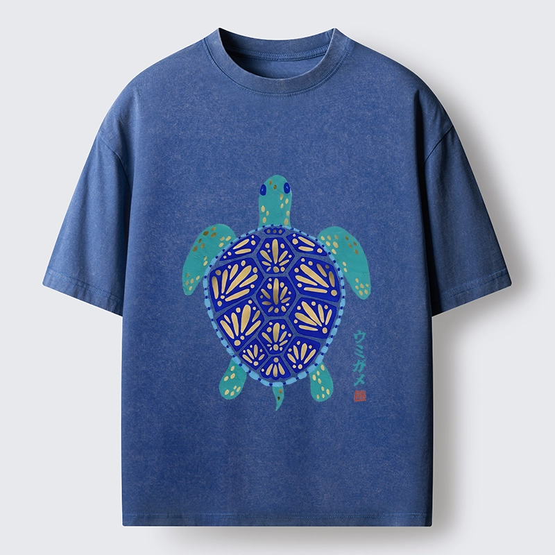 Tokyo-Tiger Blue Gold Sea Turtle Japanese Art Print Washed T-Shirt
