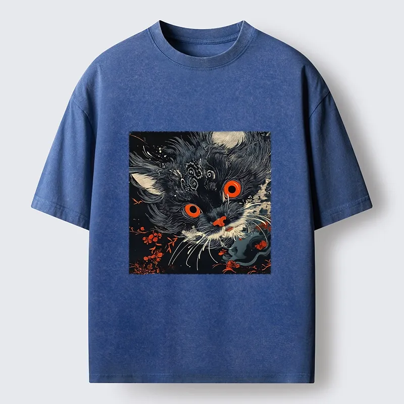 Tokyo-Tiger Soft Fluffy Black Cat Vintage Oriental Print Washed T-Shirt