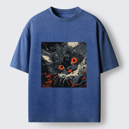Tokyo-Tiger Soft Fluffy Black Cat Vintage Oriental Print Washed T-Shirt