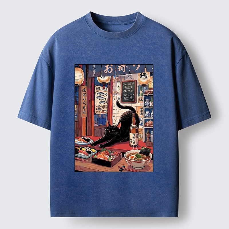 Tokyo-Tiger Warm Lantern Izakaya Black Cat Food Art Print Washed T-Shirt