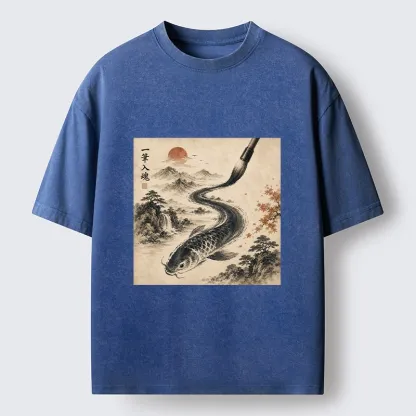Tokyo-Tiger Autumn Mountain Ink Carp Brush Design Washed T-Shirt