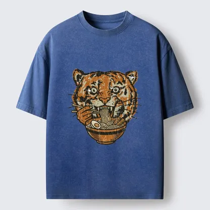 Tokyo-Tiger Vintage Tiger Ramen Funny Meme Washed T-Shirt