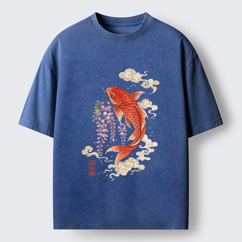 Tokyo-Tiger Soft Cloud Koi Floral Graphic Print Washed T-Shirt
