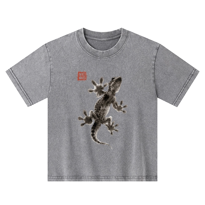 Tokyo-Tiger Minimal Asian Ink Brush Gecko Vibe Kids Washed T-Shirt
