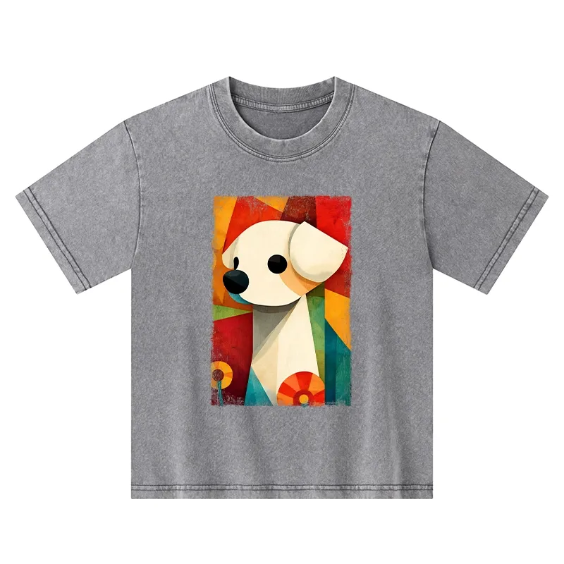 Tokyo-Tiger Retro Abstract Color Block Puppy Art Kids Washed T-Shirt