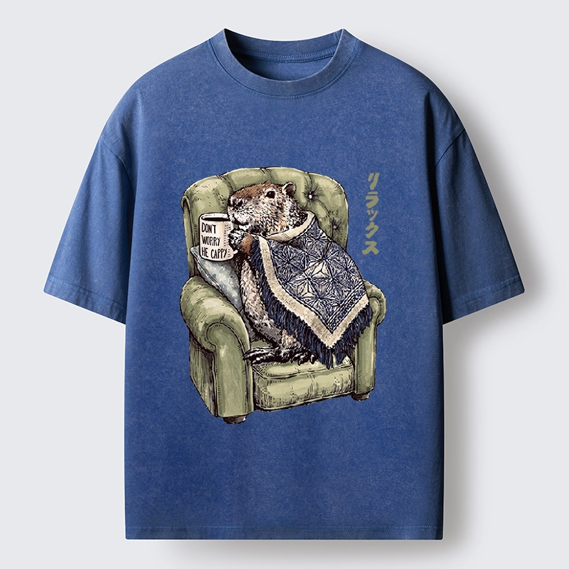 Tokyo-Tiger Relax Capybara Cozy Sofa Warm Blanket Washed T-Shirt