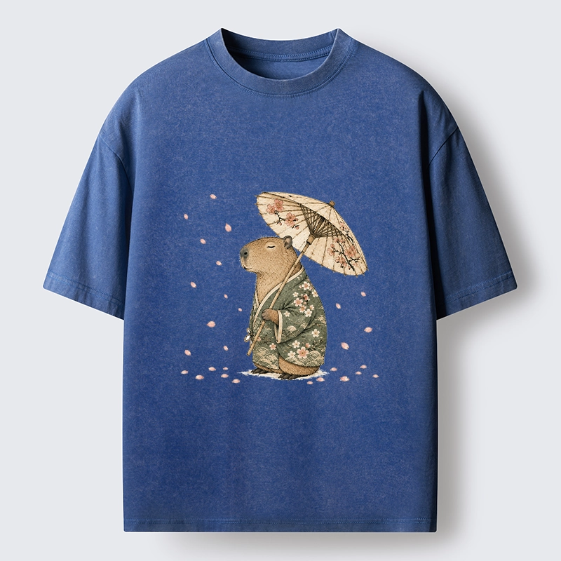 Tokyo-Tiger Relaxed Capybara Spring Sakura Kimono Art Washed T-Shirt