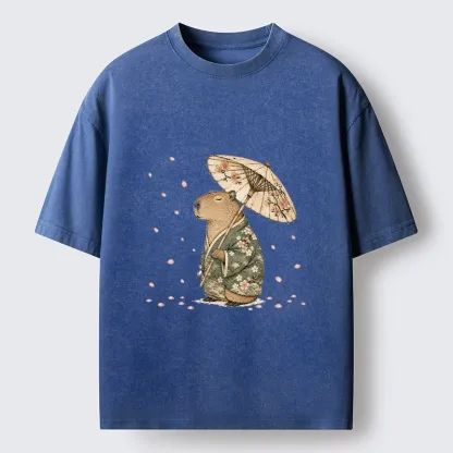 Tokyo-Tiger Relaxed Capybara Spring Sakura Kimono Art Washed T-Shirt