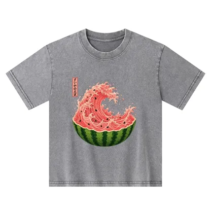 Tokyo-Tiger Watermelon Wave Summer Ukiyo Art Kids Washed T-Shirt