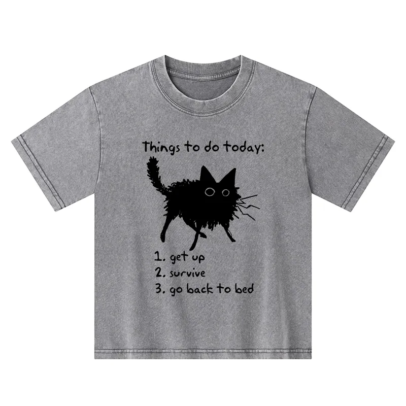 Tokyo-Tiger Lazy Cat Survive Day Funny Meme Kids Washed T-Shirt