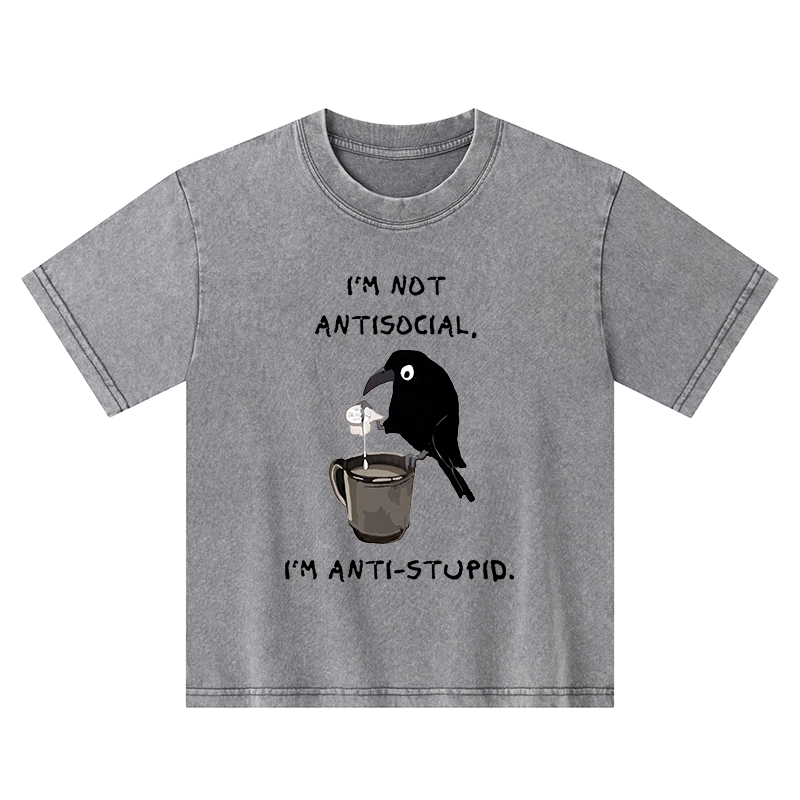 Tokyo-Tiger Cool Crow Sips Calm Coffee Alone Kids Washed T-Shirt