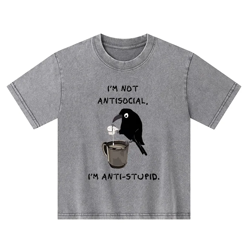 Tokyo-Tiger Cool Crow Sips Calm Coffee Alone Kids Washed T-Shirt