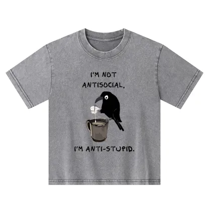 Tokyo-Tiger Cool Crow Sips Calm Coffee Alone Kids Washed T-Shirt