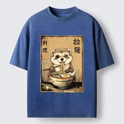 Tokyo-Tiger Ferret Eating Hot Ramen Washed T-Shirt