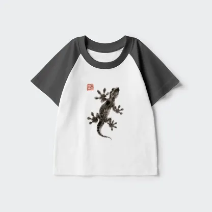 Tokyo-Tiger Minimal Asian Ink Brush Gecko Vibe Kids Raglan T-shirt