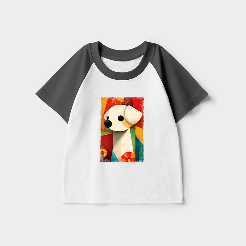 Tokyo-Tiger Retro Abstract Color Block Puppy Art Kids Raglan T-shirt