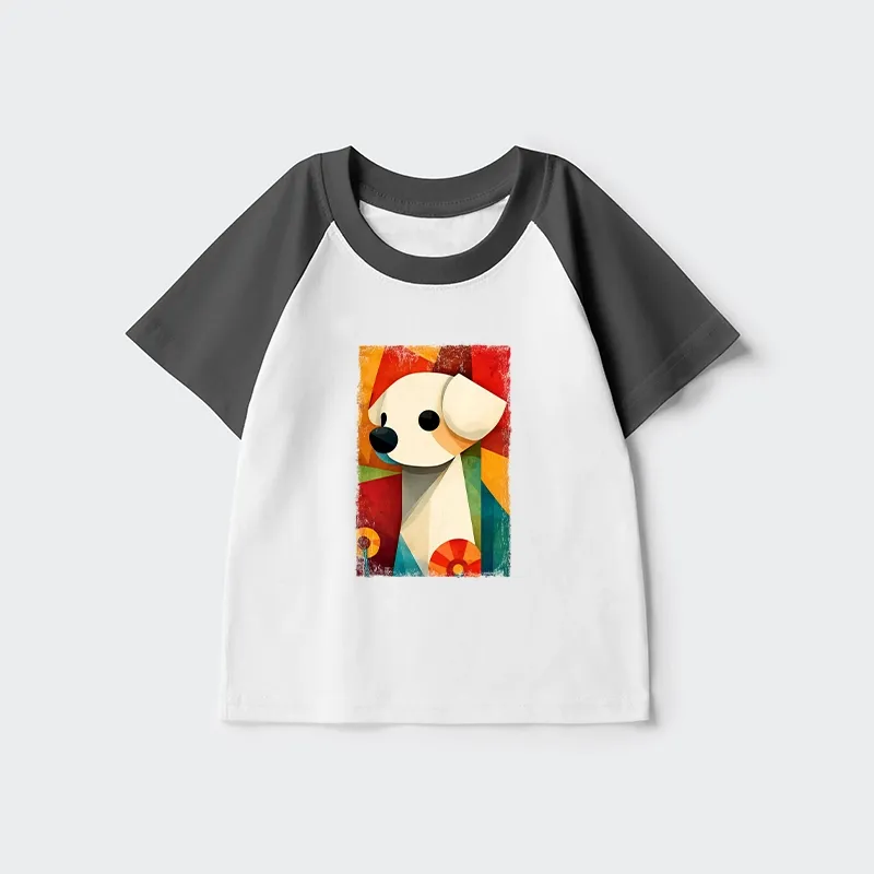 Tokyo-Tiger Retro Abstract Color Block Puppy Art Kids Raglan T-shirt
