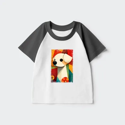 Tokyo-Tiger Retro Abstract Color Block Puppy Art Kids Raglan T-shirt
