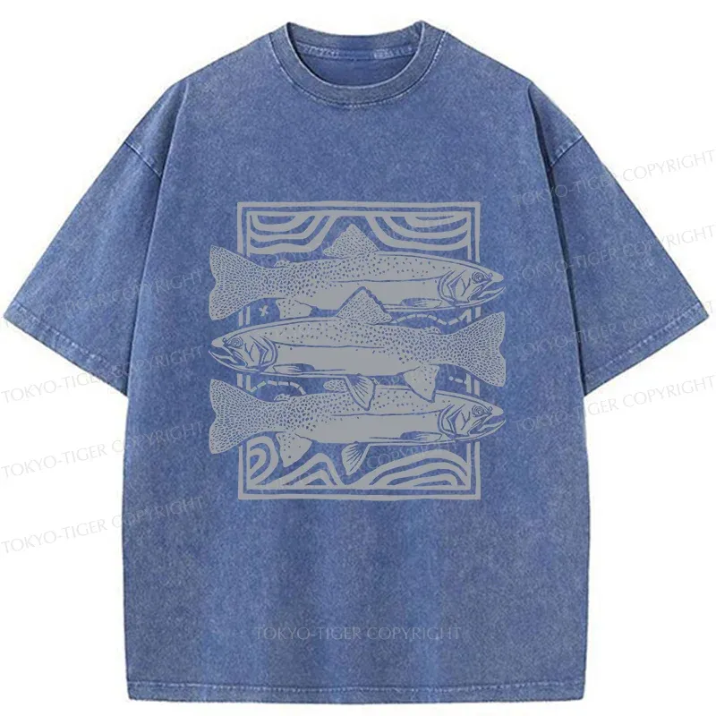 Tokyo-Tiger Big Fish Woodcut Washed T-Shirt