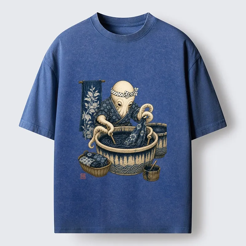 Tokyo-Tiger Kimono Dye Octopus Art Washed T-Shirt