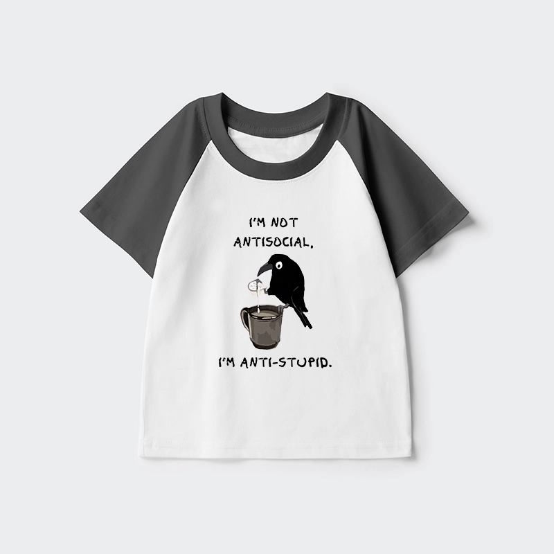 Tokyo-Tiger Cool Crow Sips Calm Coffee Alone Kids Raglan T-shirt