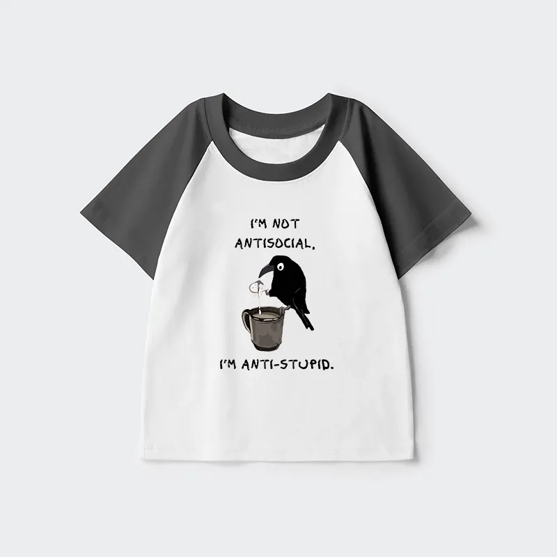 Tokyo-Tiger Cool Crow Sips Calm Coffee Alone Kids Raglan T-shirt