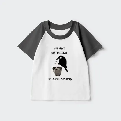 Tokyo-Tiger Cool Crow Sips Calm Coffee Alone Kids Raglan T-shirt