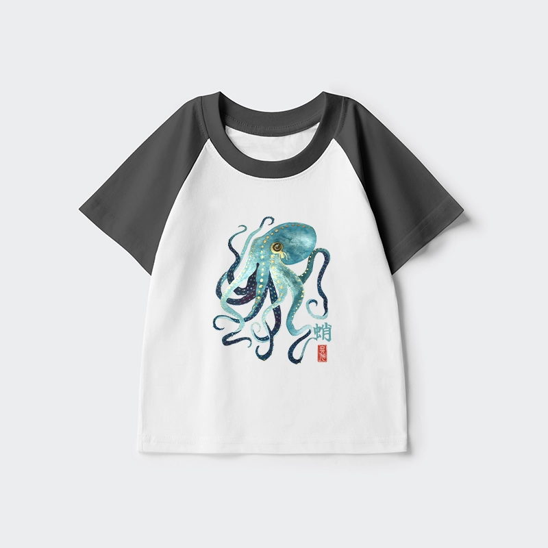 Tokyo-Tiger Soft Watercolor Octopus Japanese Art Kids Raglan T-shirt