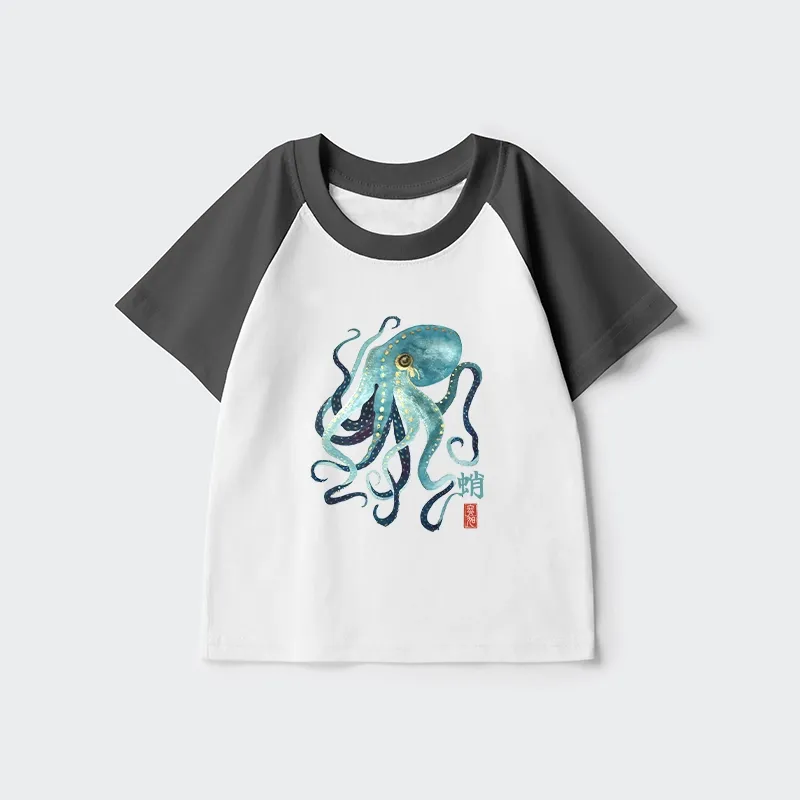 Tokyo-Tiger Soft Watercolor Octopus Japanese Art Kids Raglan T-shirt