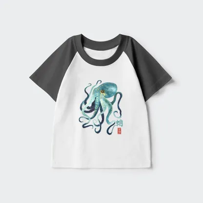 Tokyo-Tiger Soft Watercolor Octopus Japanese Art Kids Raglan T-shirt