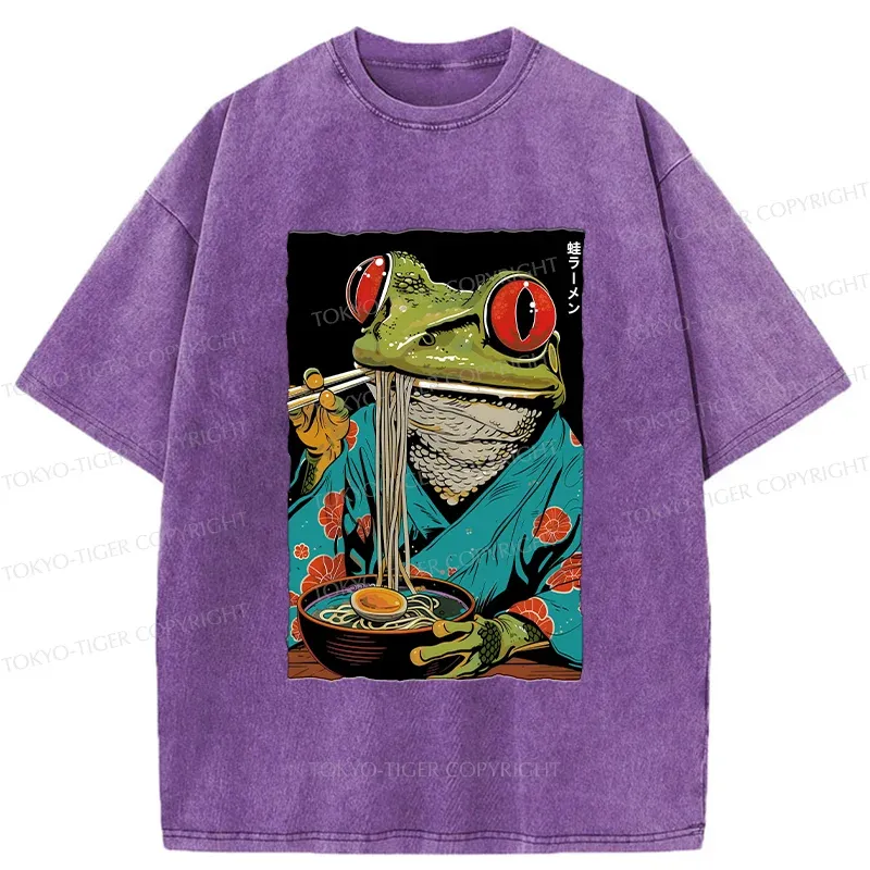 Tokyo-Tiger Frog Monster Eating Ramen Washed T-Shirt