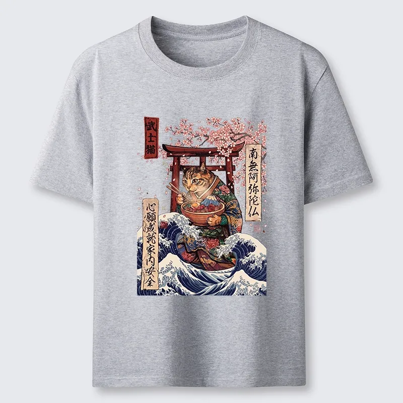Tokyo-Tiger Samurai Cat Eating Noodles Wave Scene Classic T-Shirt