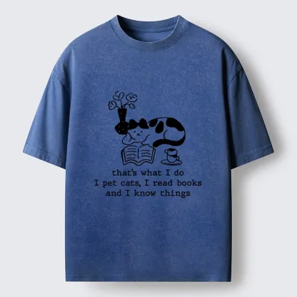Tokyo-Tiger Book Loving Coffee Cat Washed T-Shirt